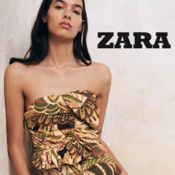 NWT ZARA Linen Blend Green Beige Black Smocked Ruffled Top - Picture 2 of 8